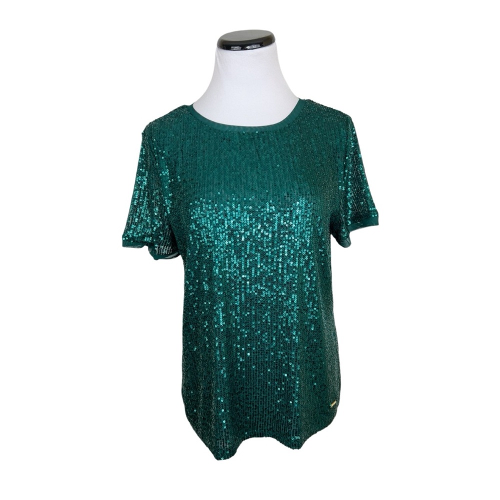 Anne Klein Sequin Short Sleeve Blouse Top Crew Neck Green Size Medium